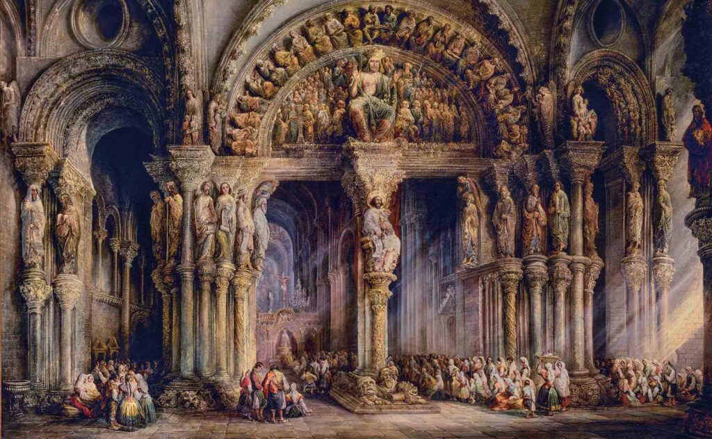 Pórtico de la Gloria, Santiago de Compostela (Jenaro Pérez Villaamil, s. XIX) Pórtico de la Gloria de la Catedral de Santiago de Compostela, pintura del siglo XIX de Jenaro Pérez Villaamil